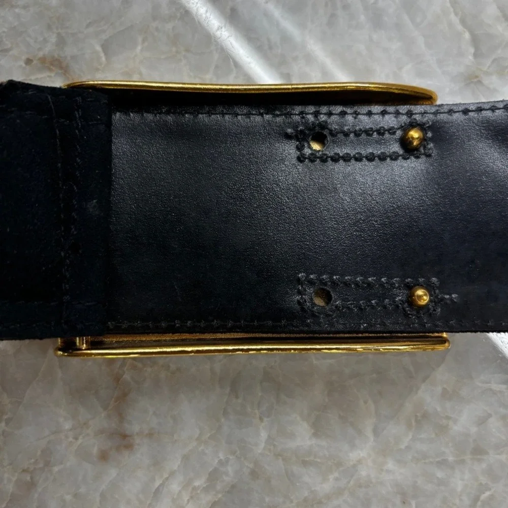 ESCADA Vintage Horse Head Buckle Belt Black Suede Wide Belt Gold Western Germany